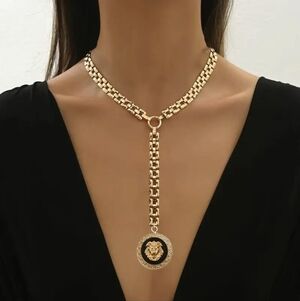 14K Gold Plated Designer Inspired Gold & Black Lion Head Pendant Lariat Necklace